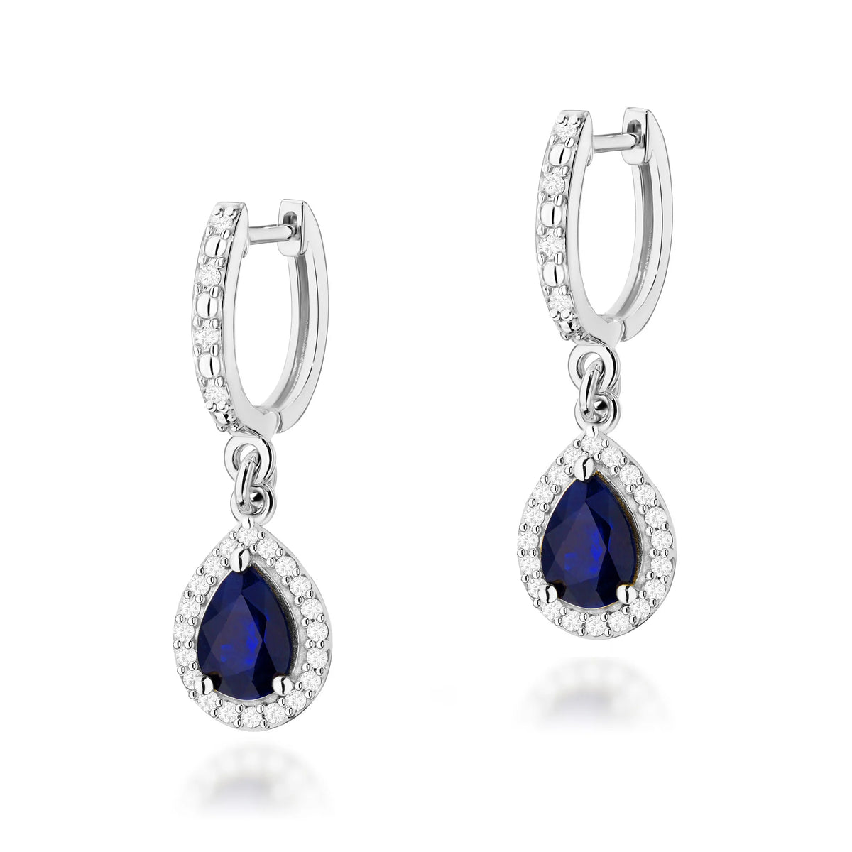 White Gold Earrings with 0.60 ct Sapphires and 0.26 ct Diamonds | 585 (14k) White Gold Hinged Hoop Clasp Earrings