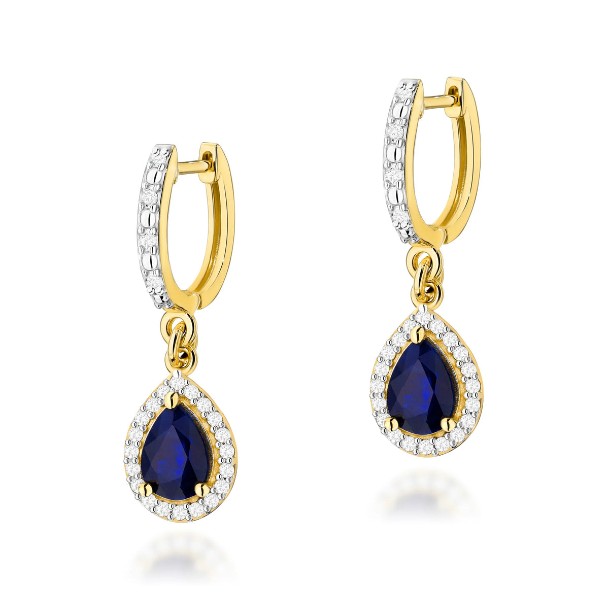 Gold Earrings with 0.60 ct Sapphires and 0.26 ct Diamonds | 585 (14k) Gold Hinged Hoop Clasp Earrings