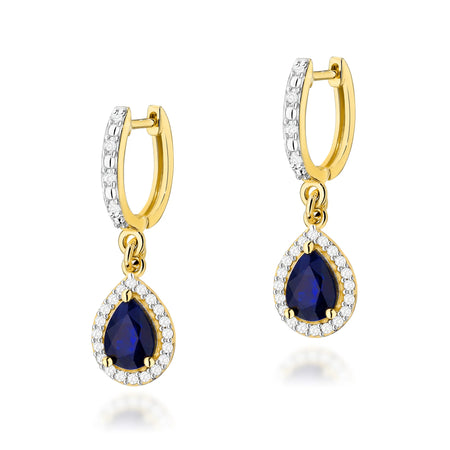 Gold Earrings with 0.60 ct Sapphires and 0.26 ct Diamonds | 585 (14k) Gold Hinged Hoop Clasp Earrings