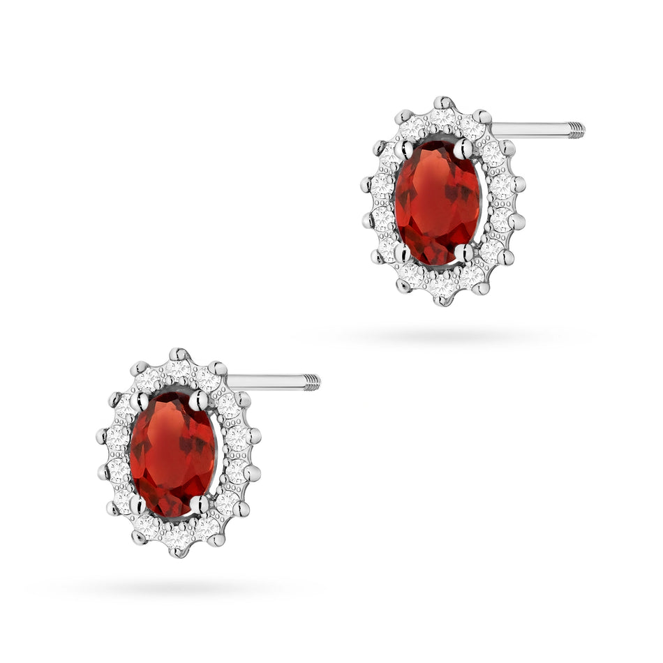 White Gold Earrings with 0.50 ct Garnets and 0.24 ct Diamonds | 585 (14k) White Gold Screw Back Stud Earrings