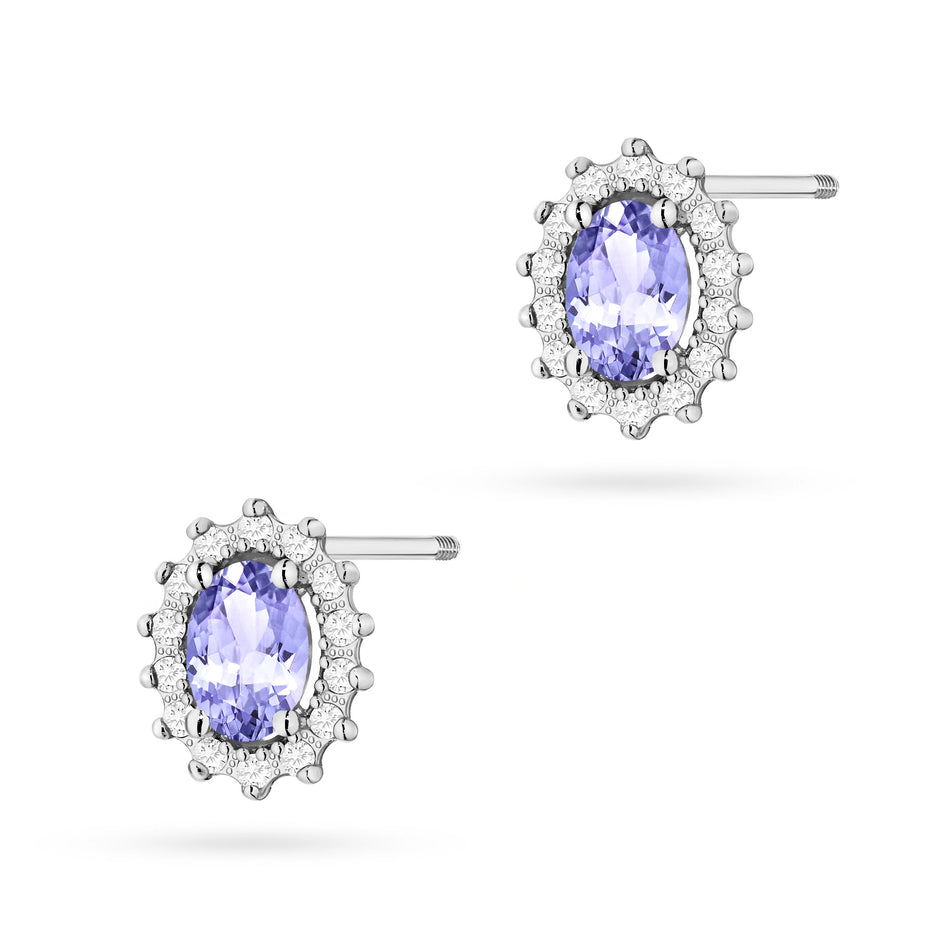 White Gold Earrings with 0.40 ct Tansanites and 0.24 ct Diamonds | 585 (14k) White Gold Screw Back Stud Earrings