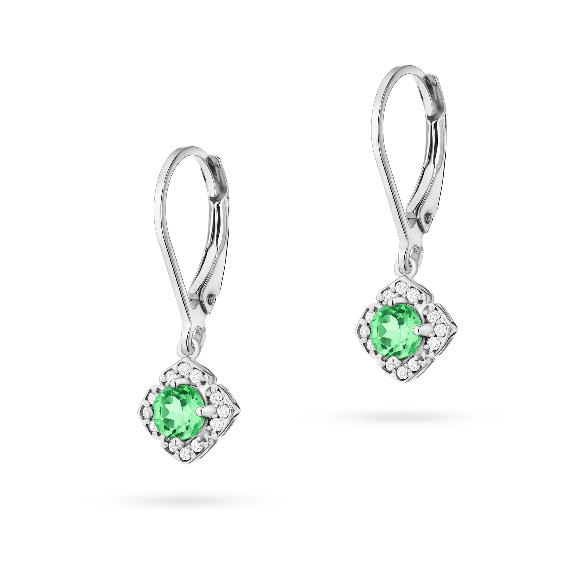 White Gold Earrings with 0.30 ct Emeralds and 0.12 ct Diamonds | 585 (14k) White Gold English Clasp Earrings