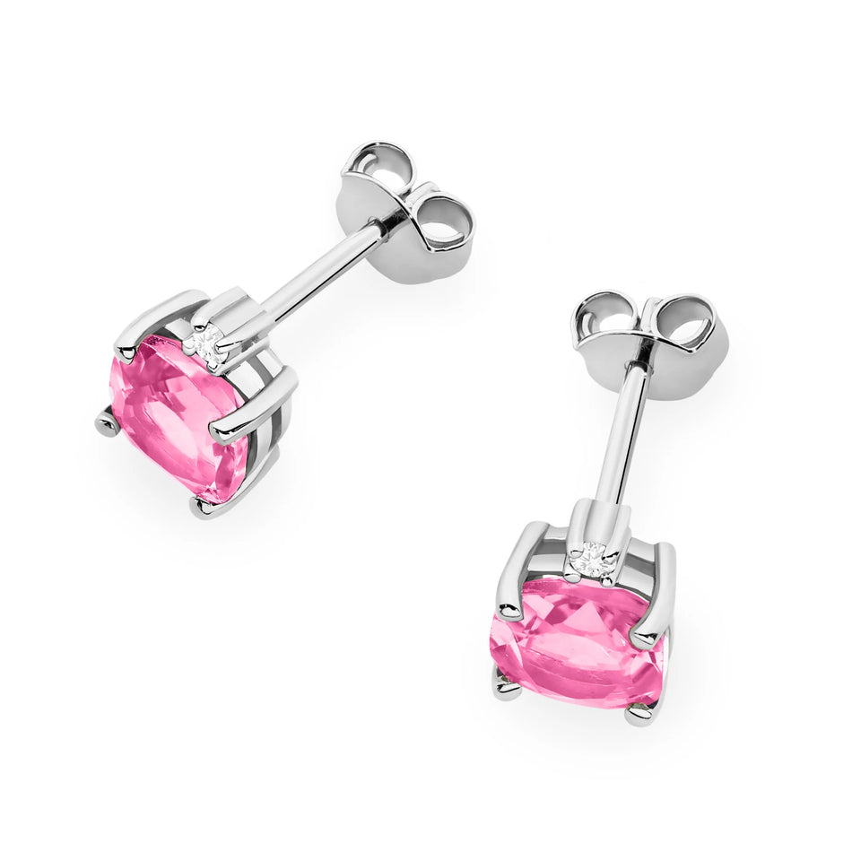 White Gold Earrings with 1.10 ct Pink Topazes and 0.029 ct Diamonds | 585 (14k) White Gold Stud Earrings