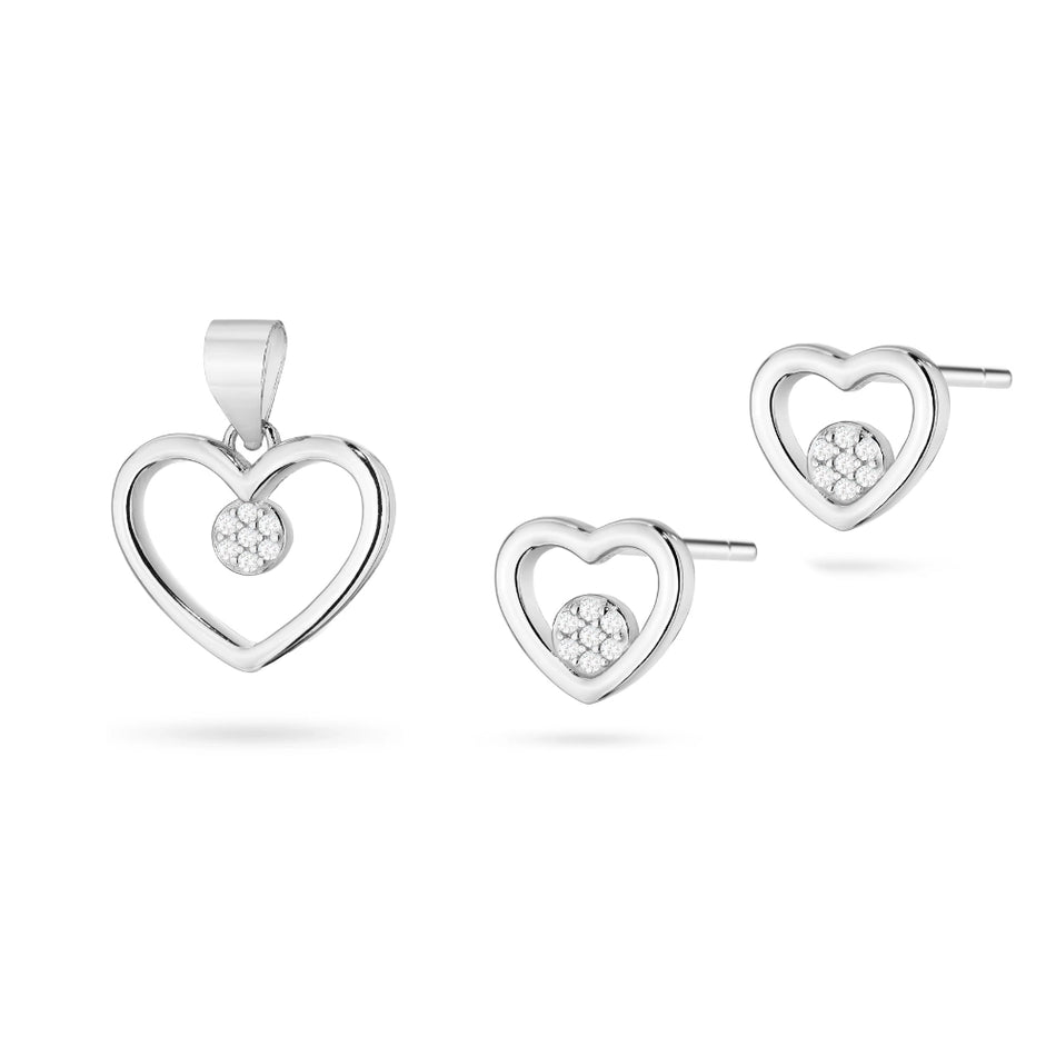 Silver pendant set — heart with cubic zirconia in a circle