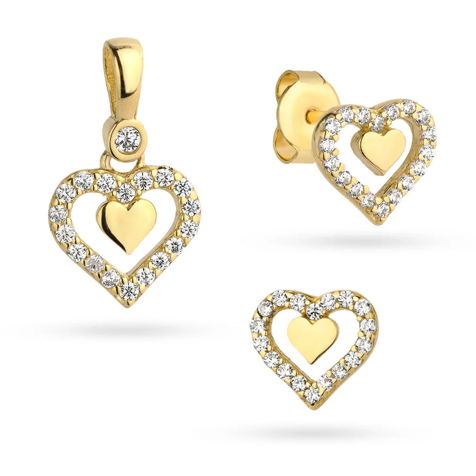 Gold Pendant and Earrings Set – Heart Within a Heart with Cubic Zirconia