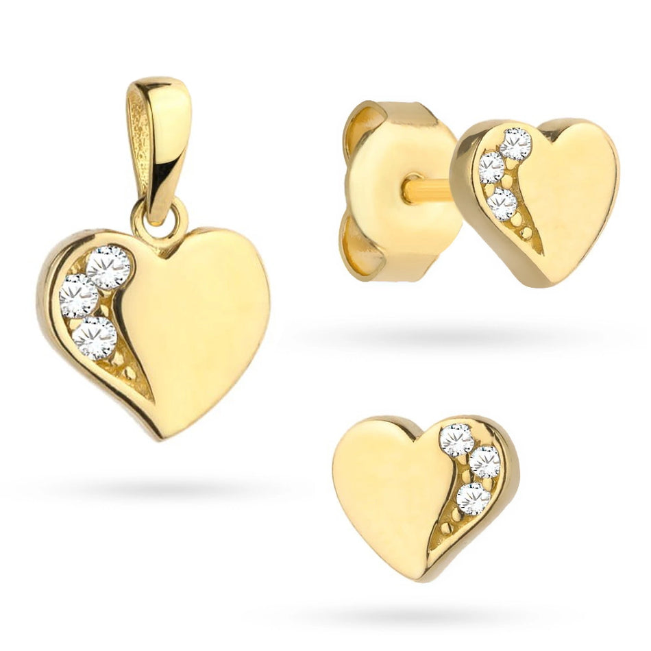 Gold Pendant and Earrings Set – Heart with Cubic Zirconia
