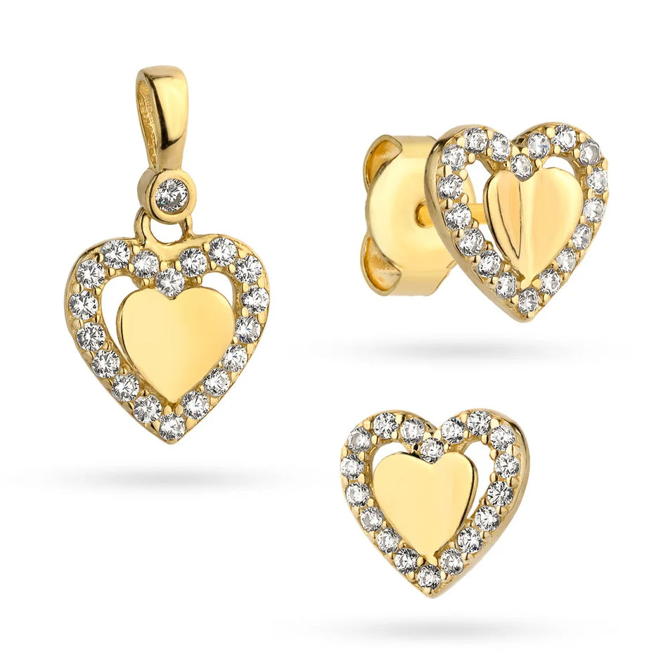 Gold Pendant and Earrings Set – 3D Heart Within a Heart with Cubic Zirconia