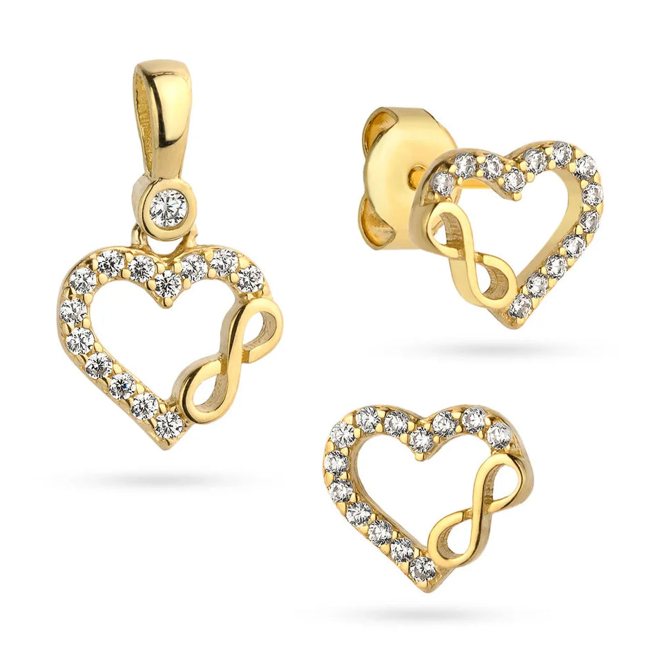 Gold Earrings and Pendant Set – Heart with Infinity Symbol and Cubic Zirconia