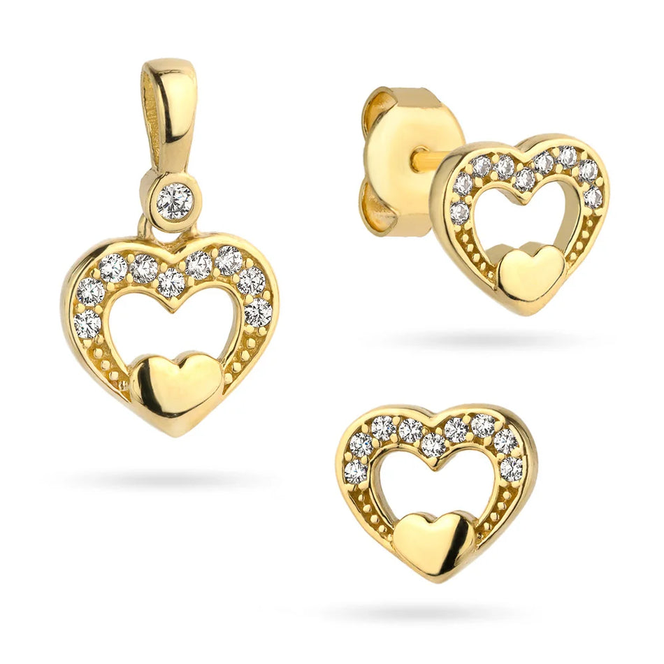 Gold Pendant and Earrings Set – Two Hearts with Cubic Zirconia