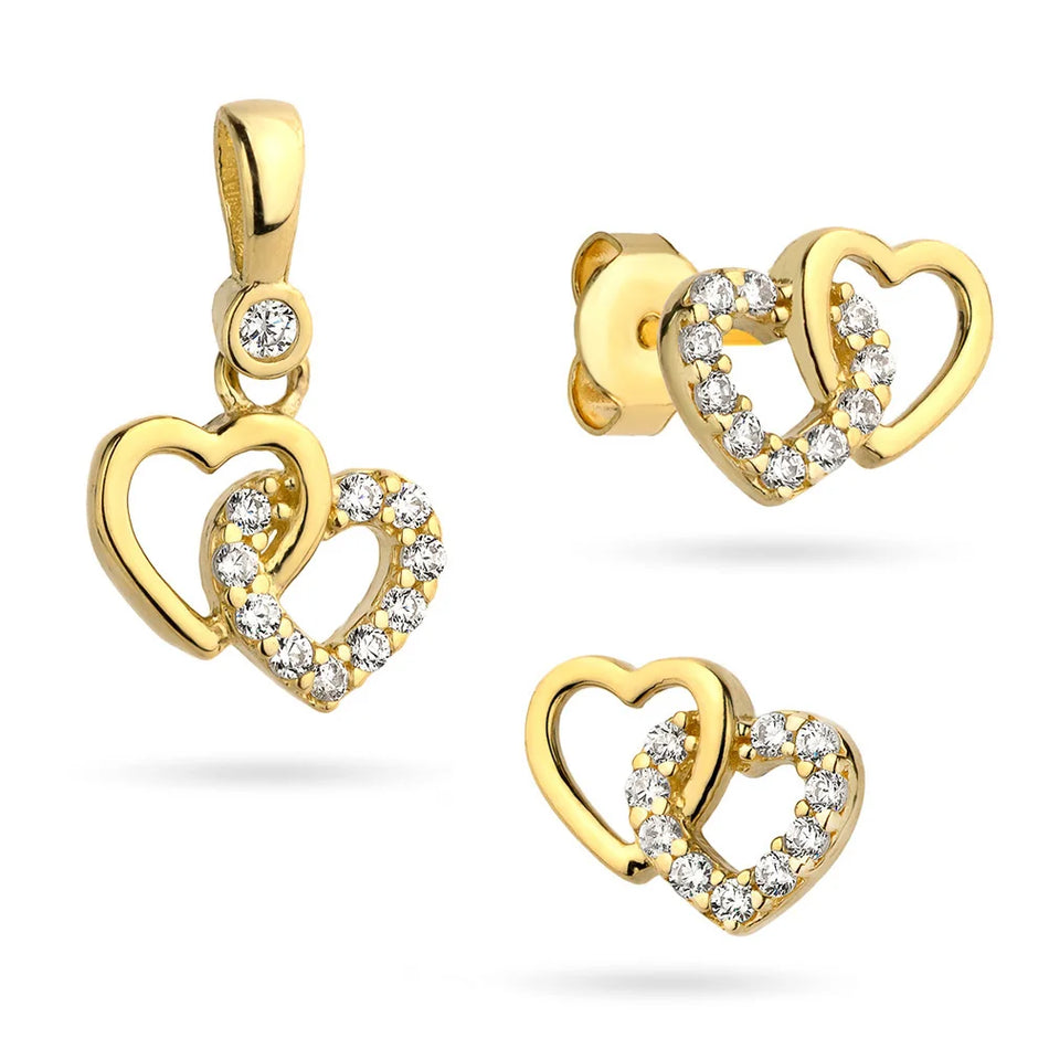 Gold Pendant and Earrings Set – Two Connected Hearts with Cubic Zirconia
