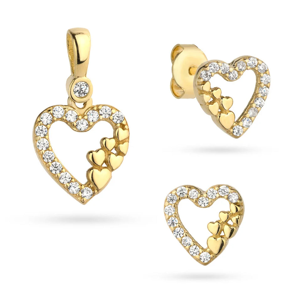Gold Earrings and Pendant Set – Small Hearts Inside a Heart with Cubic Zirconia