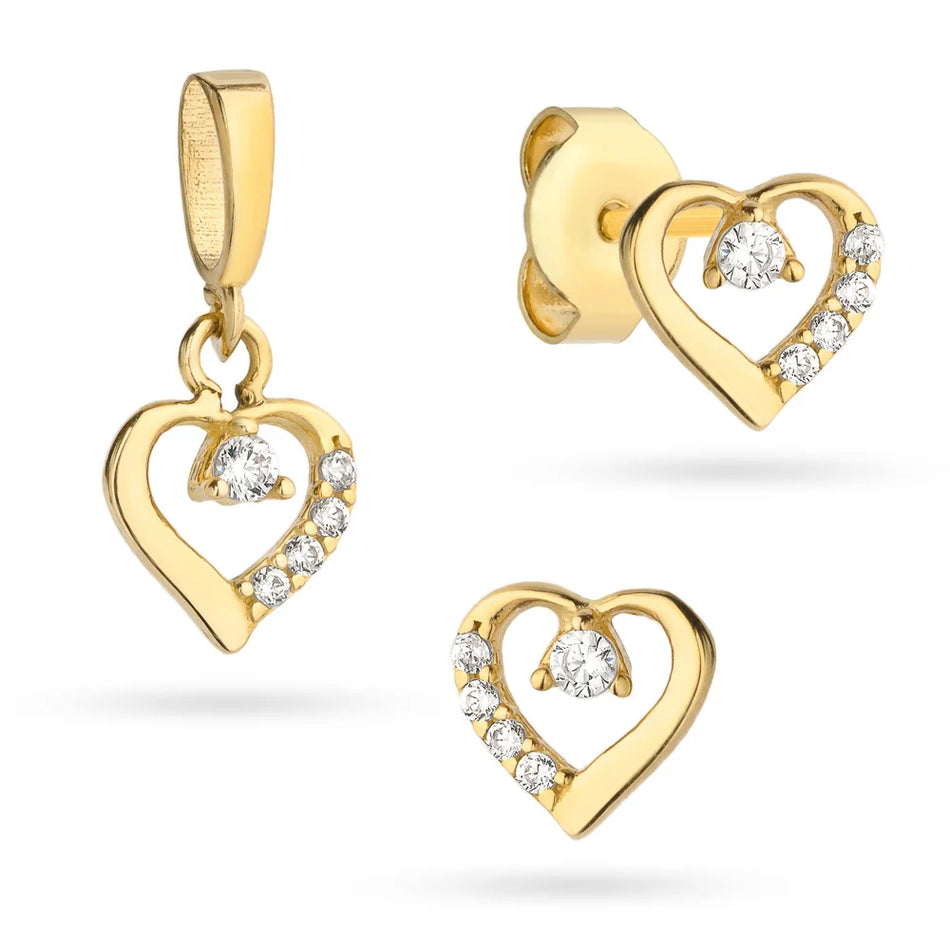 Gold Earrings and Pendant Set – Heart with Cubic Zirconia