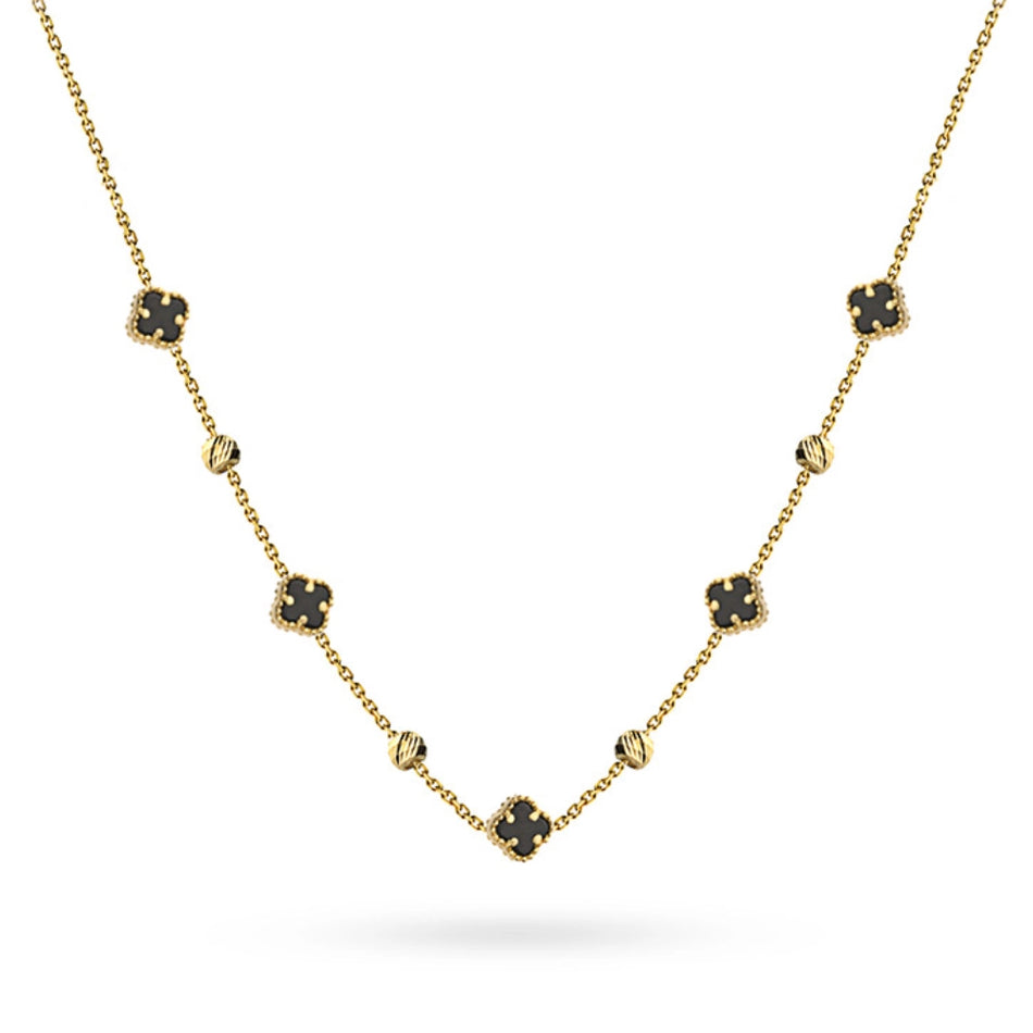 Gold Necklace with Black Clovers Beads