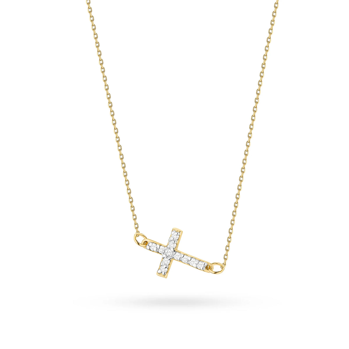 Jemný náhrdelník zo žltého zlata 14K s ležatým diamantovým krížikom