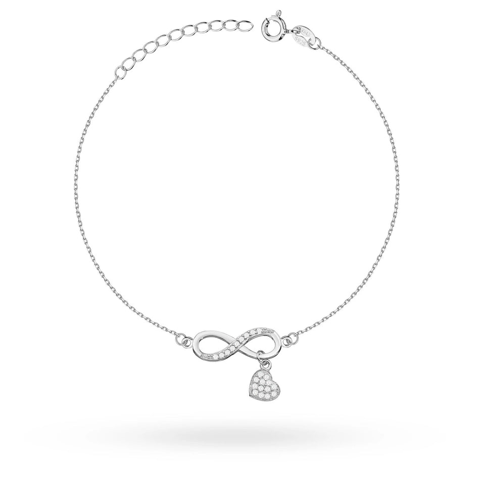 Silver necklace and bracelet set — infinity symbol with heart and cubic zirconia