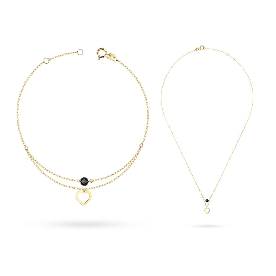 Gold Jewelry Set – Bracelet and Necklace with Double Chain, Bead and Heart