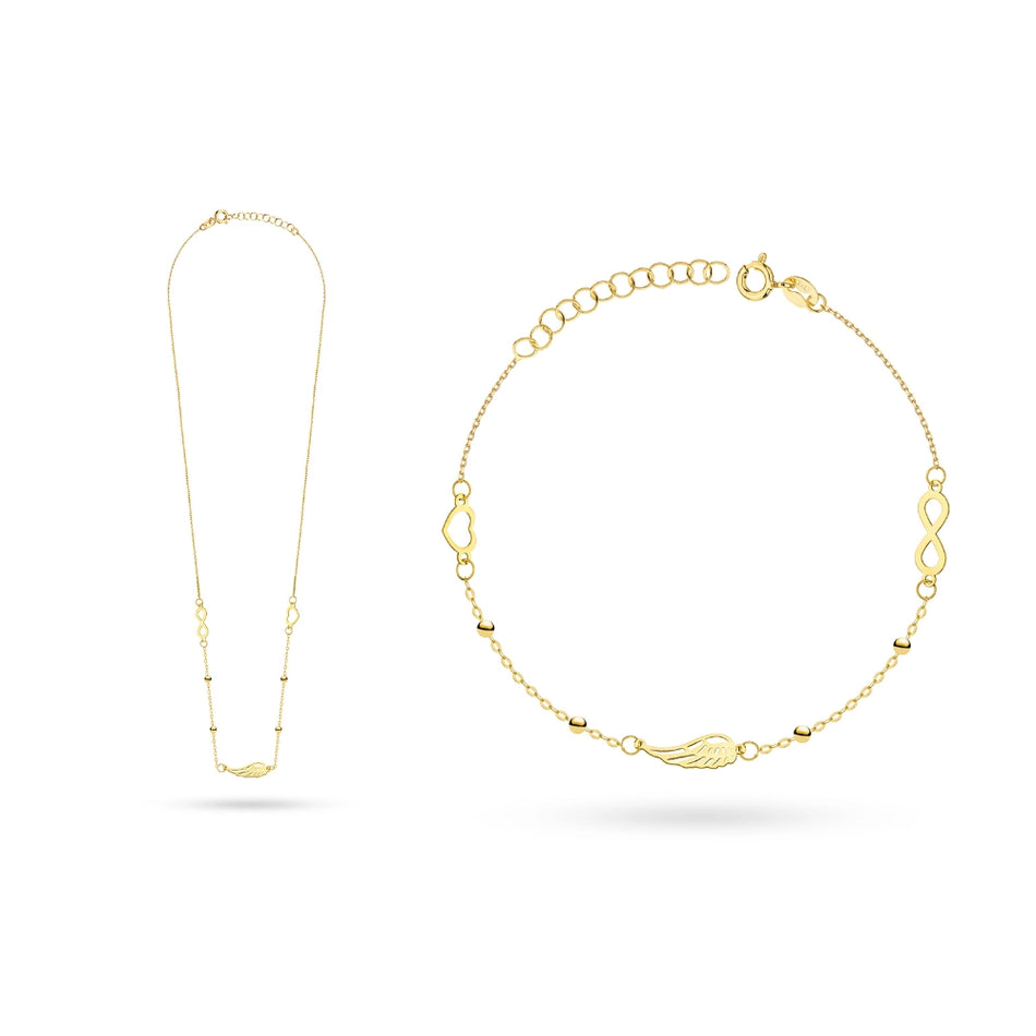 Gold Jewelry Set – Necklace and Bracelet with Heart, Wing and Infinity Symbol