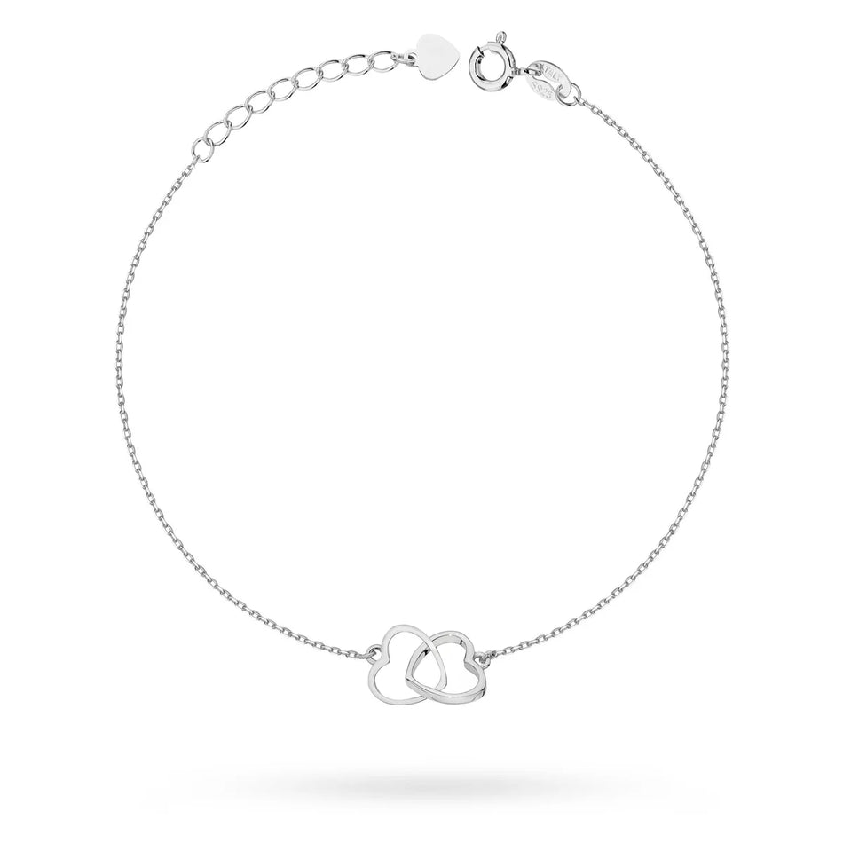 Silver necklace and bracelet set — two intertwined hearts