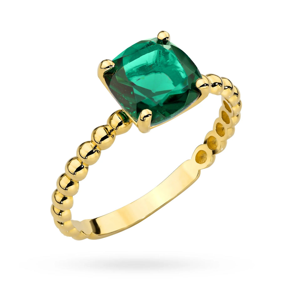 Gold bead ring with square green quartz stone