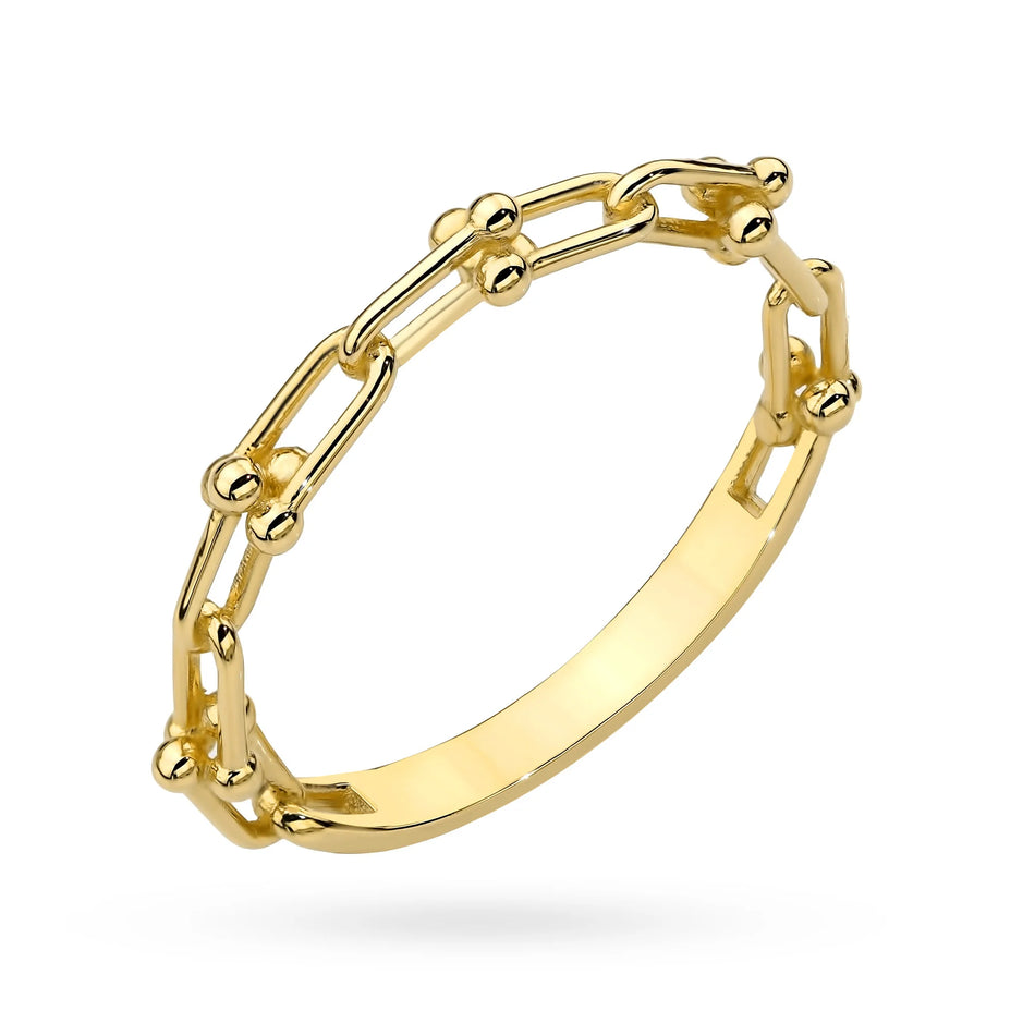 Gold band ring with braided links and beads