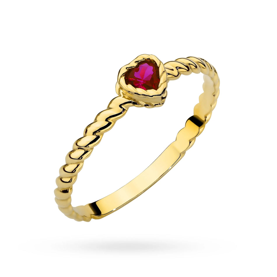 Braided heart gold ring with ruby zirconia