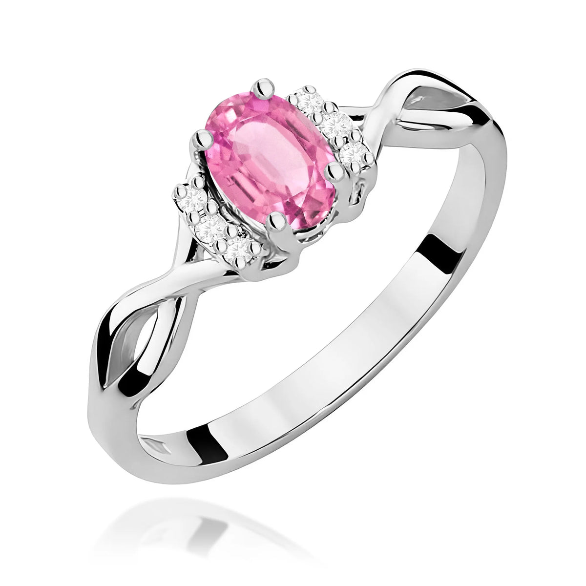 Krútený ramenný prsteň z bieleho 14k zlata s oválnym ružovým topásom 0,50 ct a diamantmi 0,052 ct