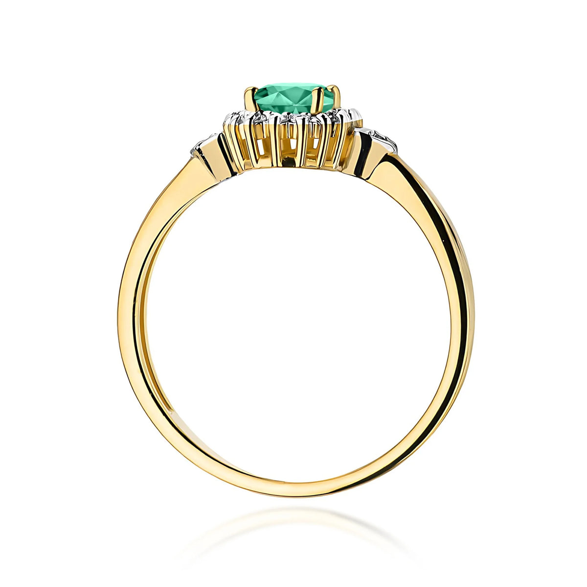 Halo prsteň zo žltého 14k zlata s oválnym smaragdom 0,40 ct a diamantmi 0,1 ct