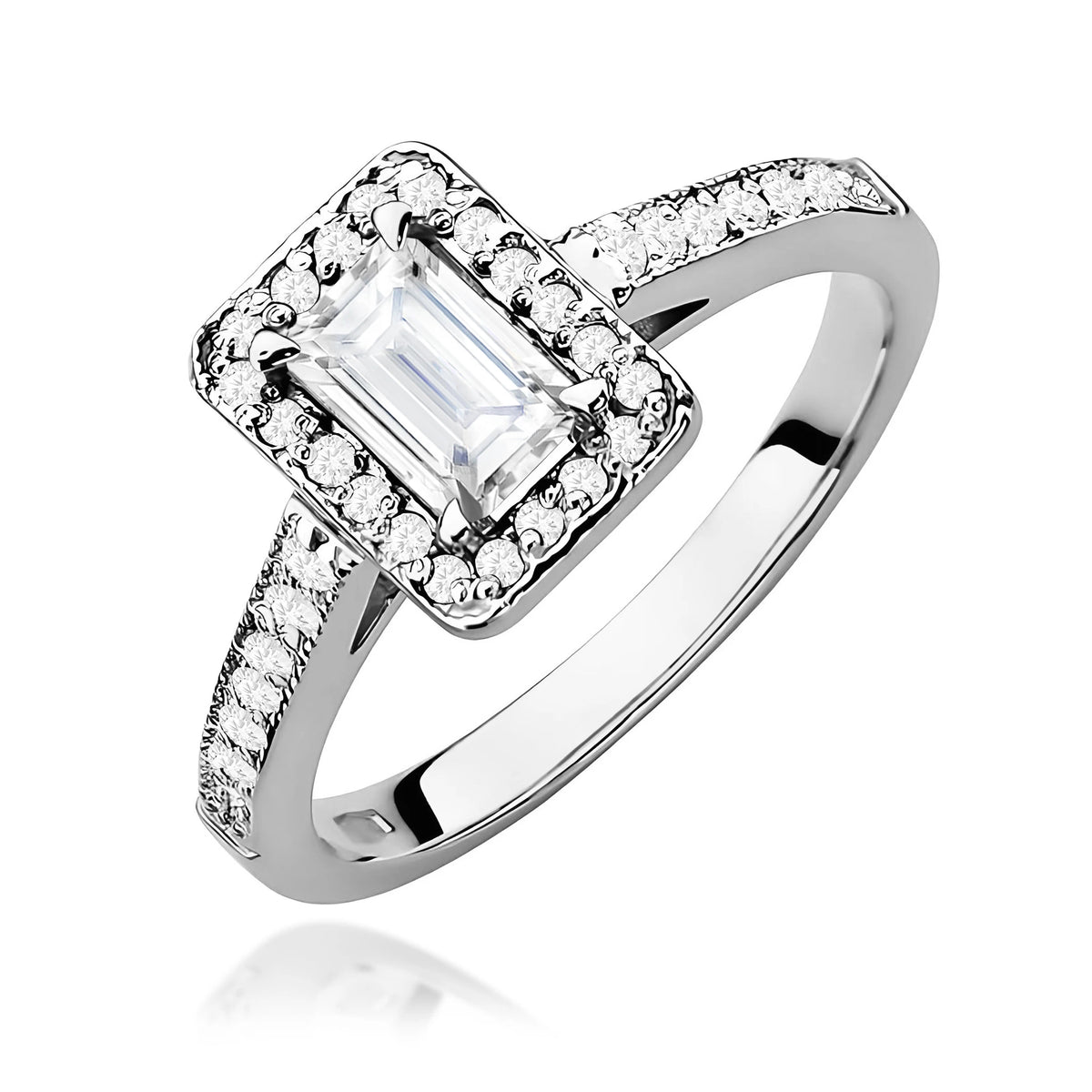Prsteň z bieleho zlata – lab-grown diamant 0,60 ct, Emerald, doplnený 14 × 0,0086 ct + 20 × 0,005 ct lab-grown diamantmi