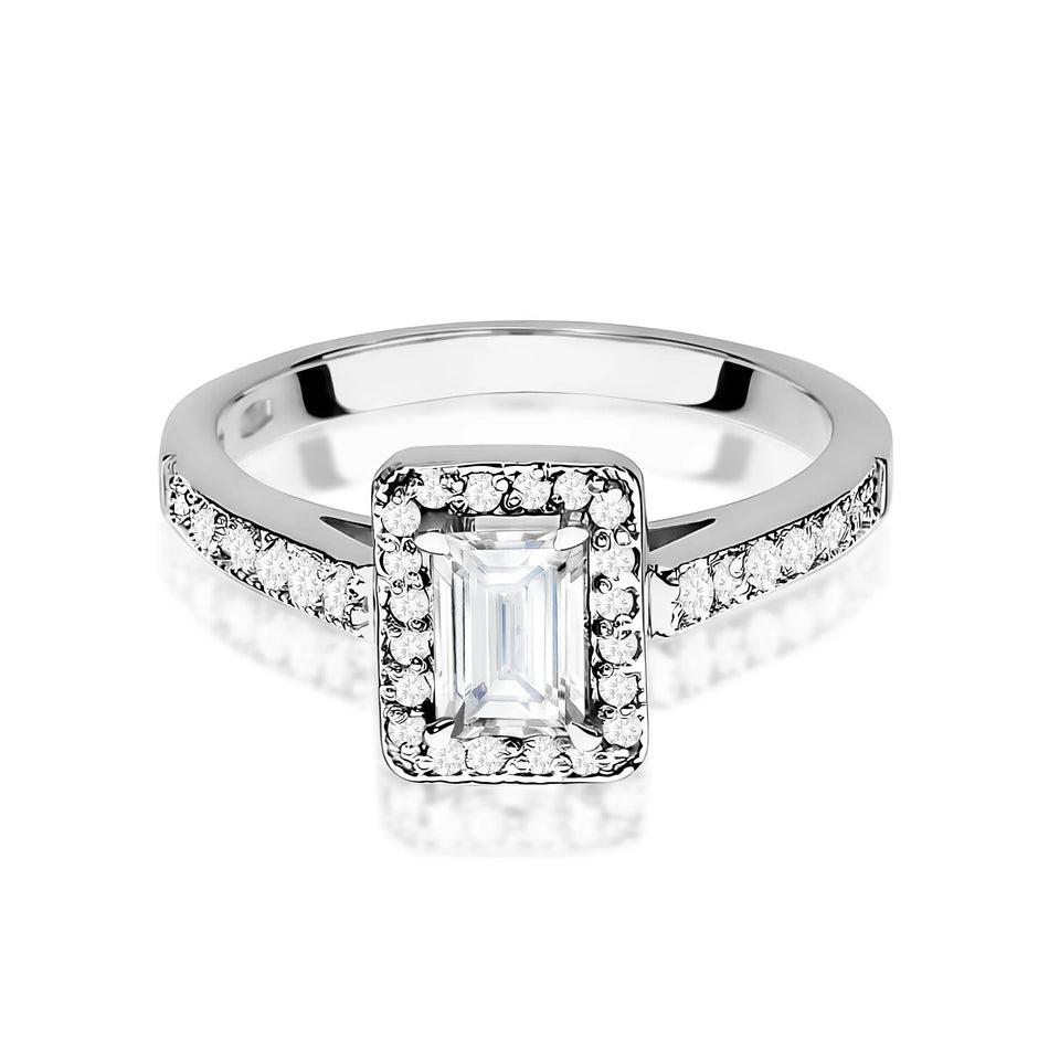 Prsteň z bieleho zlata – lab-grown diamant 0,60 ct, Emerald, doplnený 14 × 0,0086 ct + 20 × 0,005 ct lab-grown diamantmi