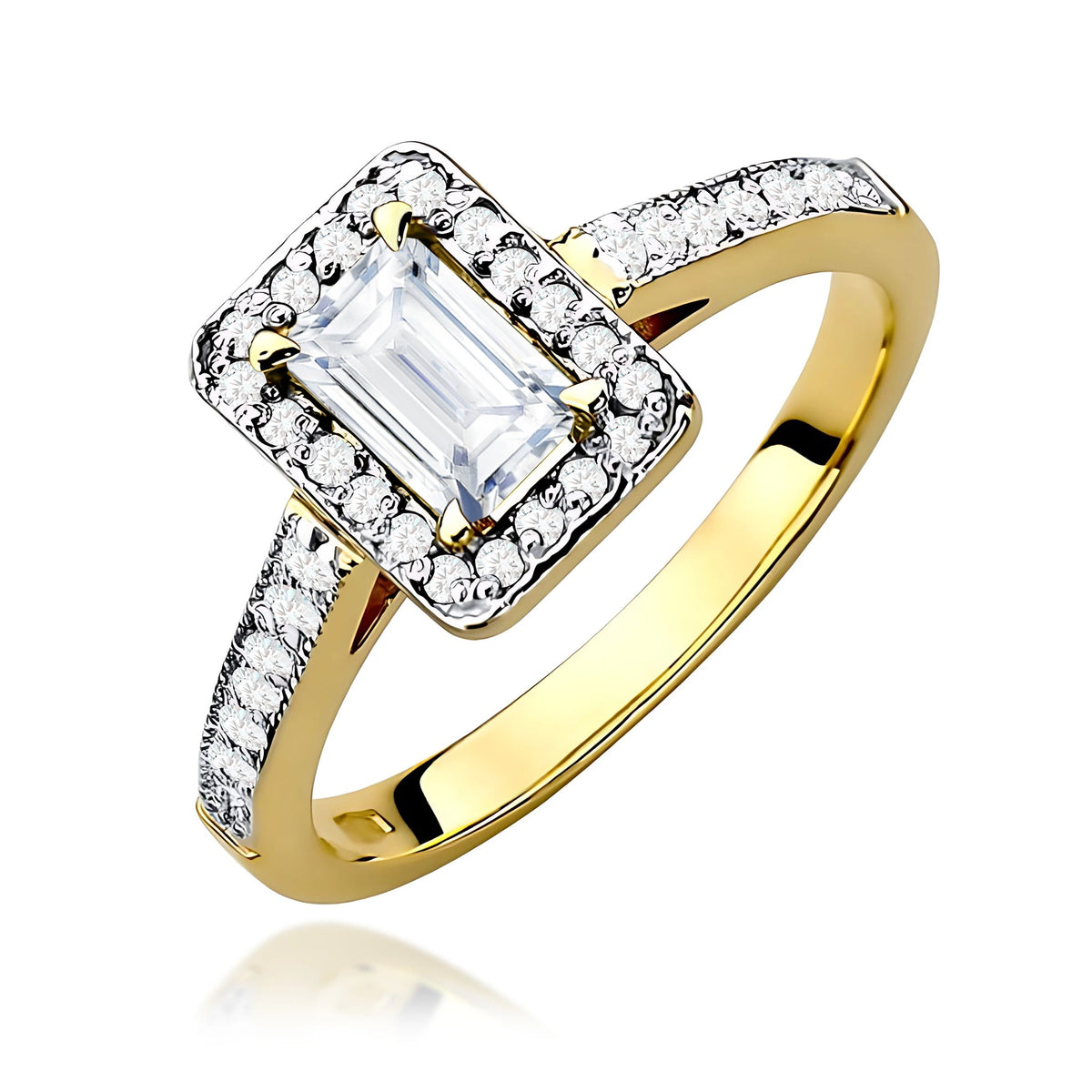 Prsteň zo žltého zlata – lab-grown diamant 0,60 ct, Emerald, doplnený 14 × 0,0086 ct + 20 × 0,005 ct lab-grown diamantmi