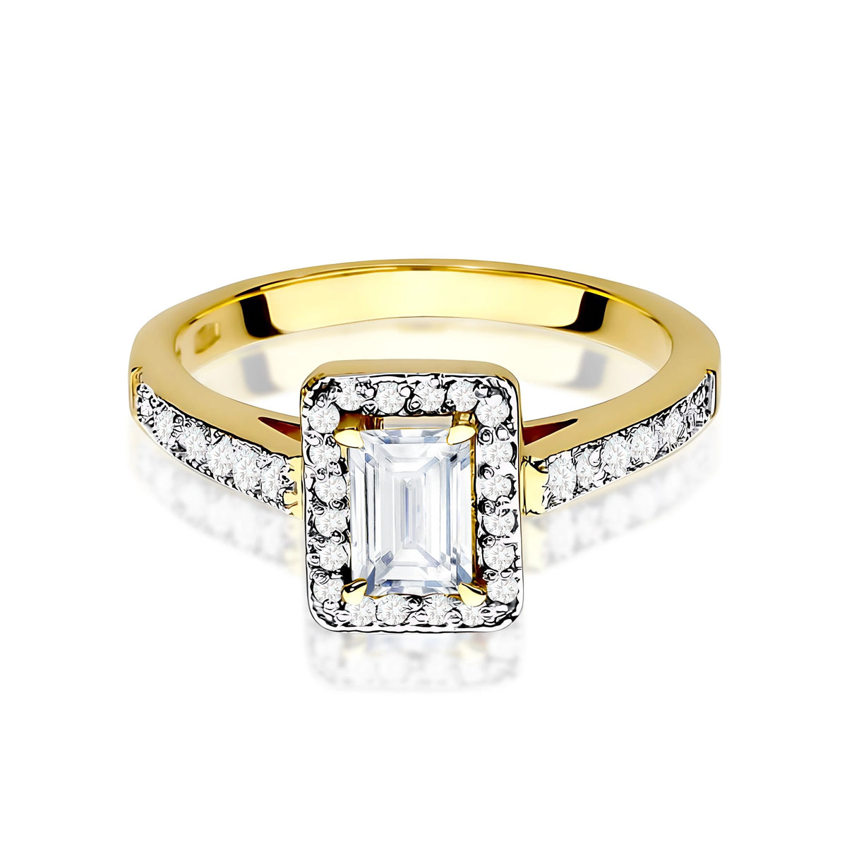 Prsteň zo žltého zlata – lab-grown diamant 0,60 ct, Emerald, doplnený 14 × 0,0086 ct + 20 × 0,005 ct lab-grown diamantmi