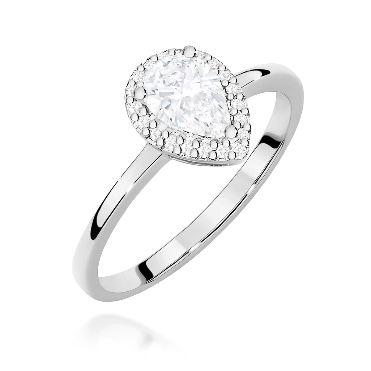 Prsteň z bieleho zlata – lab-grown diamant Pear s hmotnosťou 0,65 ct, doplnený 20 × 0,005 ct lab-grown diamantmi