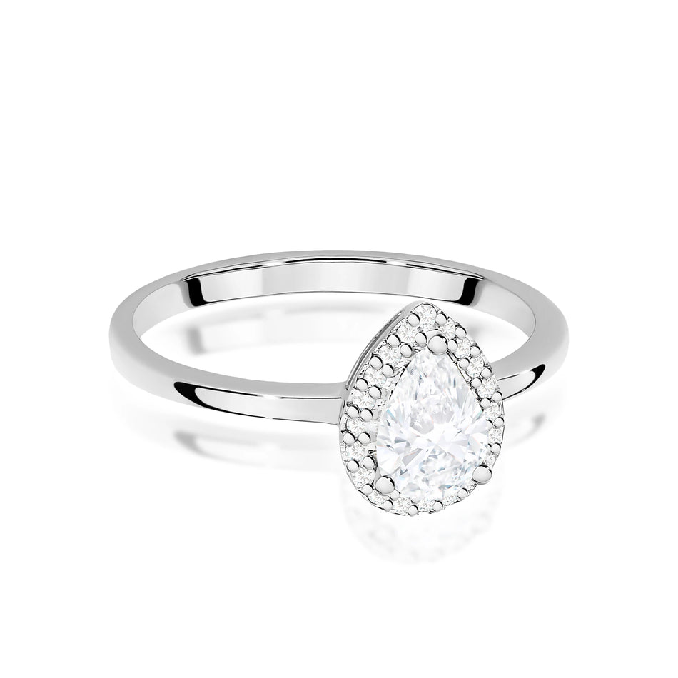 Prsteň z bieleho zlata – lab-grown diamant Pear s hmotnosťou 0,65 ct, doplnený 20 × 0,005 ct lab-grown diamantmi