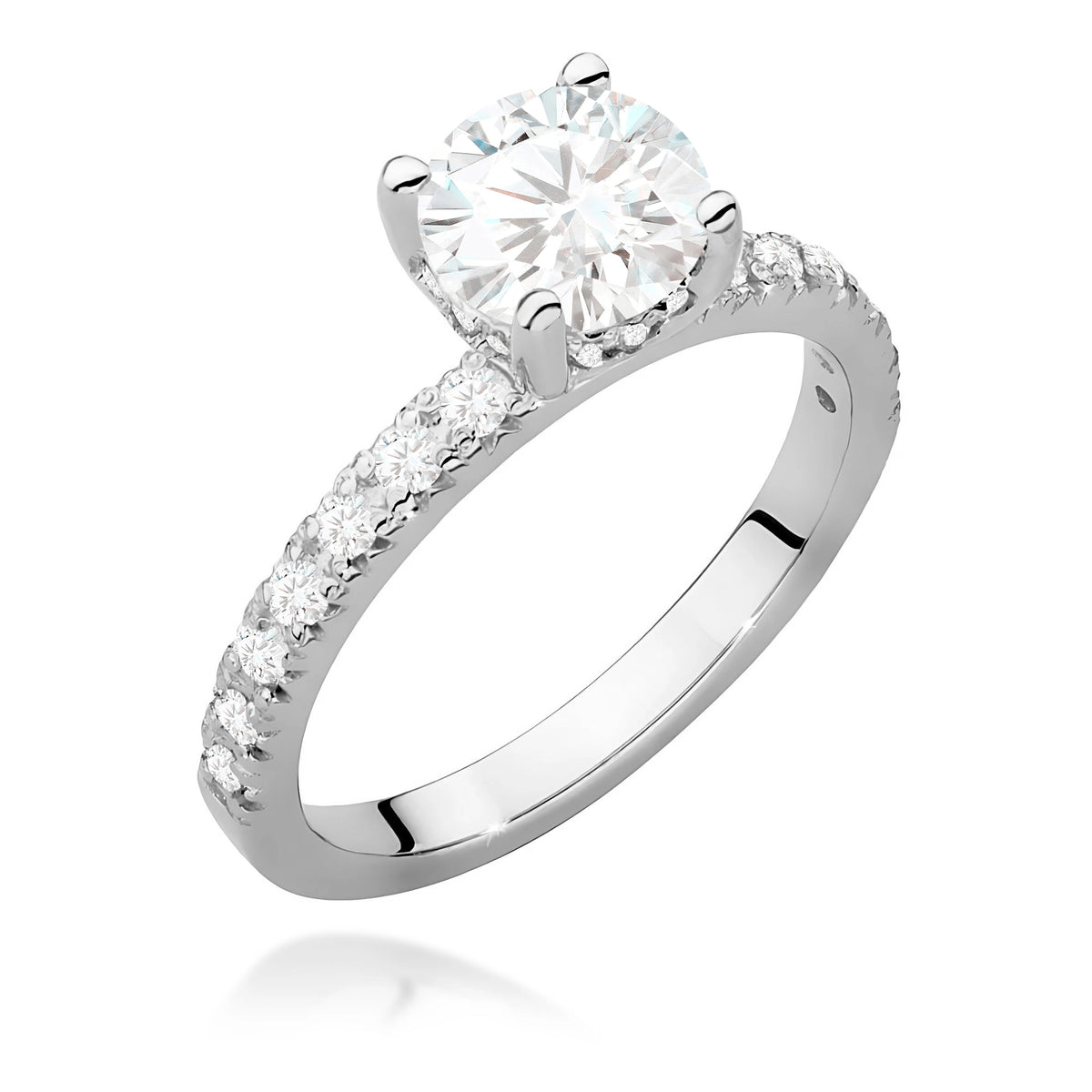 Prsteň z bieleho zlata – lab-grown diamant 1,00 ct, Round/Brilliant, doplnený 12 × 0,005 ct + 14 × 0,0145 ct lab-grown diamantmi