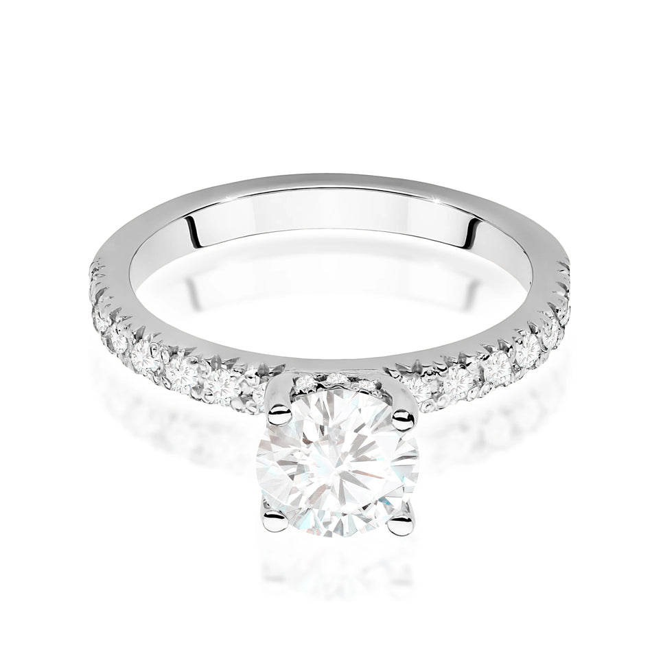 Prsteň z bieleho zlata – lab-grown diamant 1,00 ct, Round/Brilliant, doplnený 12 × 0,005 ct + 14 × 0,0145 ct lab-grown diamantmi