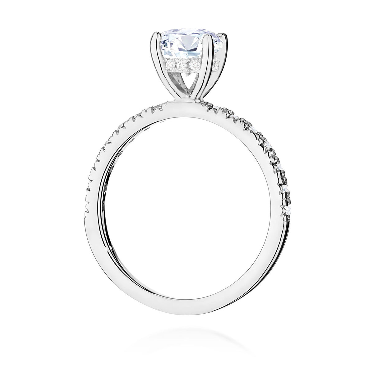 Prsteň z bieleho zlata – lab-grown diamant 1,00 ct, Round/Brilliant, doplnený 12 × 0,005 ct + 14 × 0,0145 ct lab-grown diamantmi