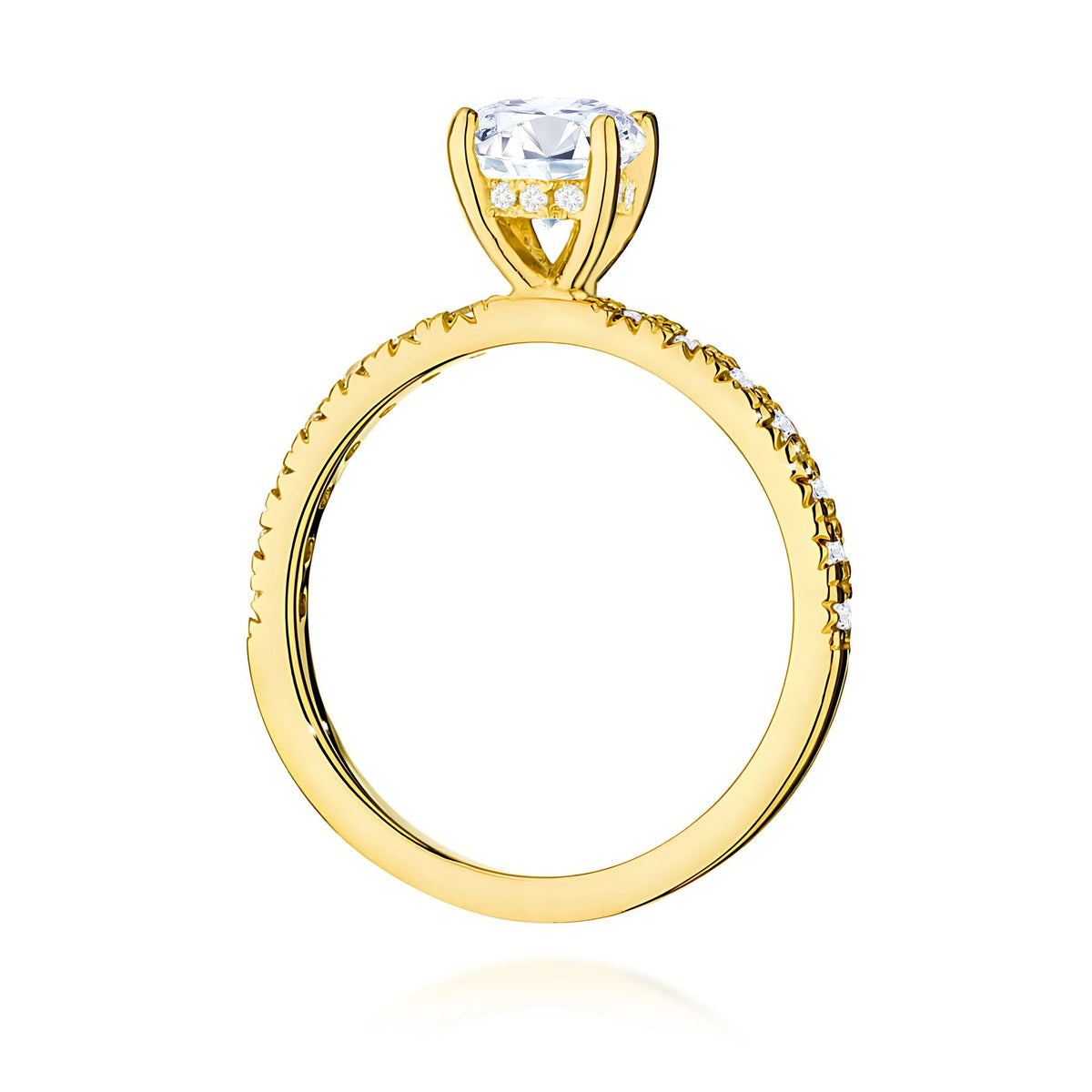 Prsteň zo žltého zlata – lab-grown diamant 0,70 ct, Round/Brilliant, doplnený 12 × 0,005 ct + 14 × 0,0145 ct lab-grown diamantmi