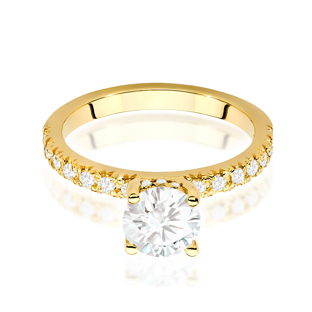Prsteň zo žltého zlata – lab-grown diamant 1,00 ct, Round/Brilliant, doplnený 12 × 0,005 ct + 14 × 0,0145 ct lab-grown diamantmi