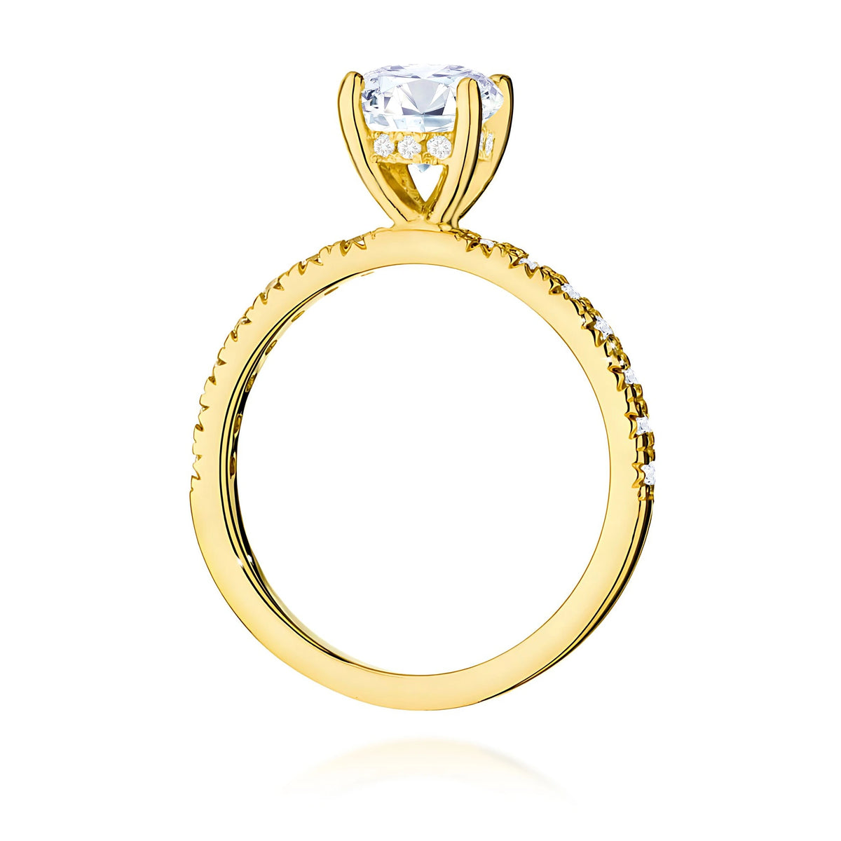 Prsteň zo žltého zlata – lab-grown diamant 1,00 ct, Round/Brilliant, doplnený 12 × 0,005 ct + 14 × 0,0145 ct lab-grown diamantmi
