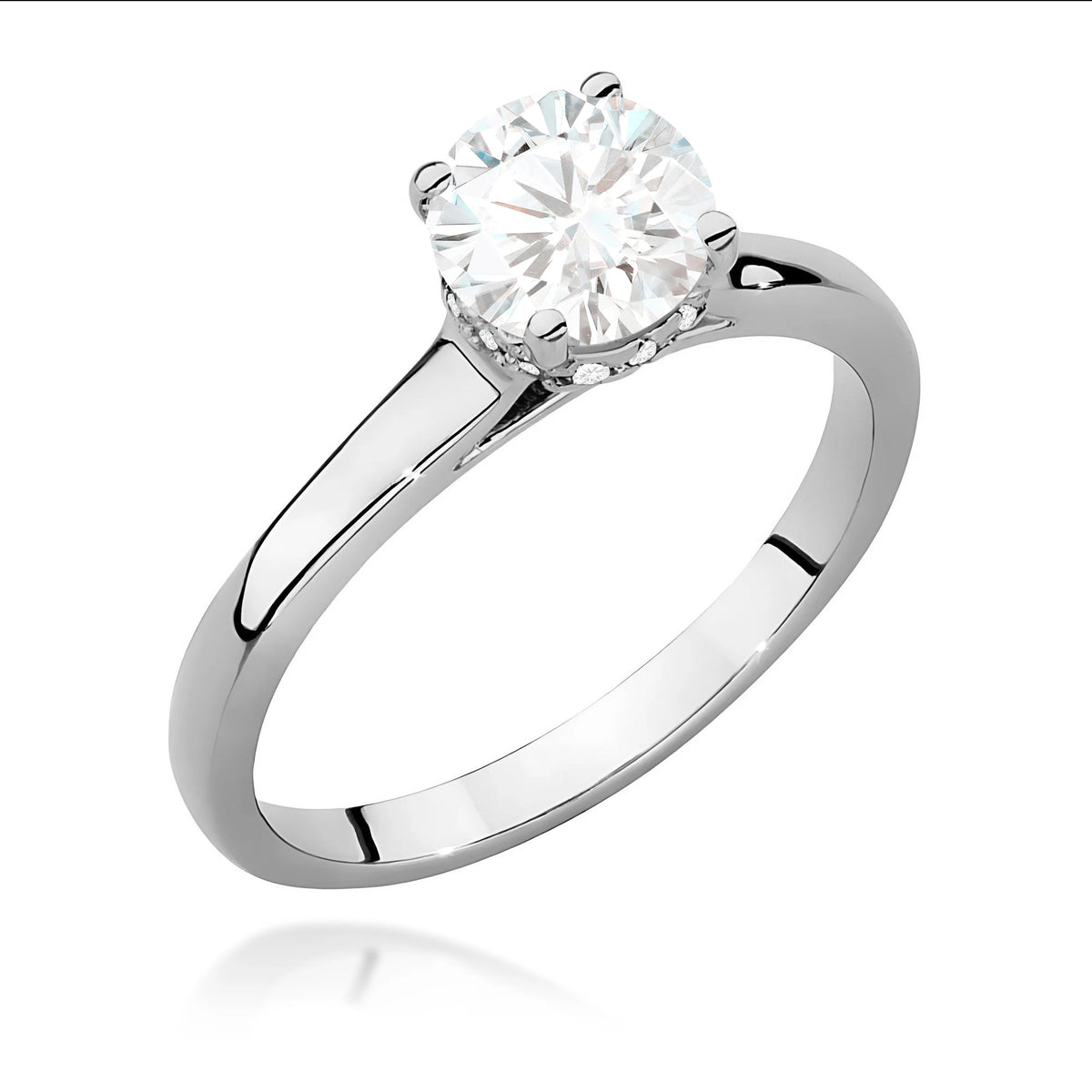 Prsteň z bieleho zlata – lab-grown diamant Round/Brilliant s hmotnosťou 1,00 ct, doplnený 14 × 0,005 ct lab-grown diamantmi