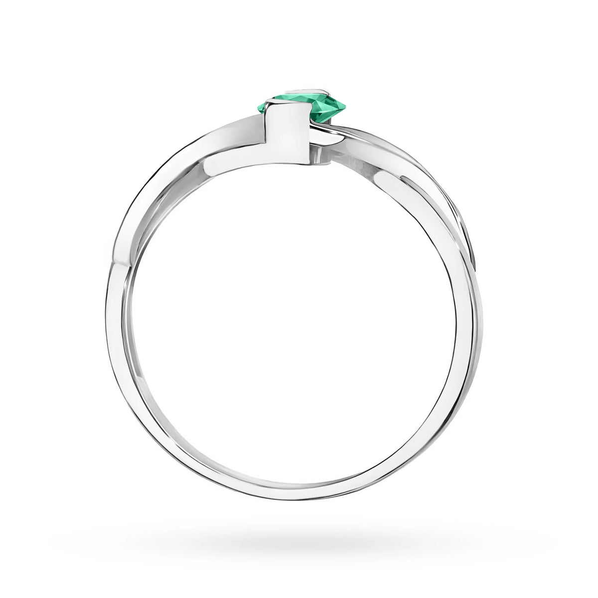 Prsteň nekonečna z bieleho 14k zlata s oválnym smaragdom 0,40 ct a diamantmi 0,05 ct