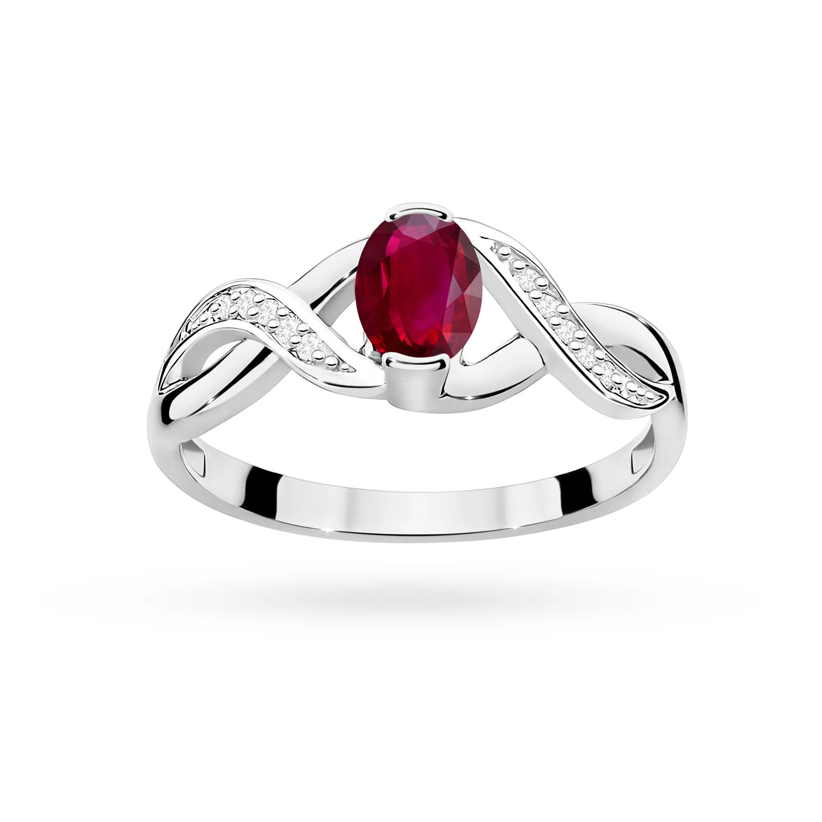 Prsteň nekonečna z bieleho 14k zlata s oválnym rubínom 0,60 ct a diamantmi 0,05 ct