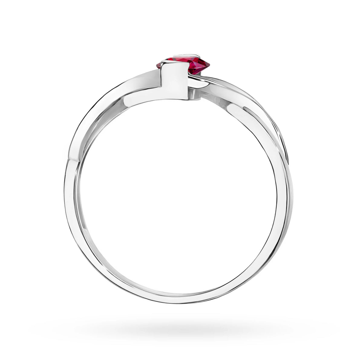 Prsteň nekonečna z bieleho 14k zlata s oválnym rubínom 0,60 ct a diamantmi 0,05 ct