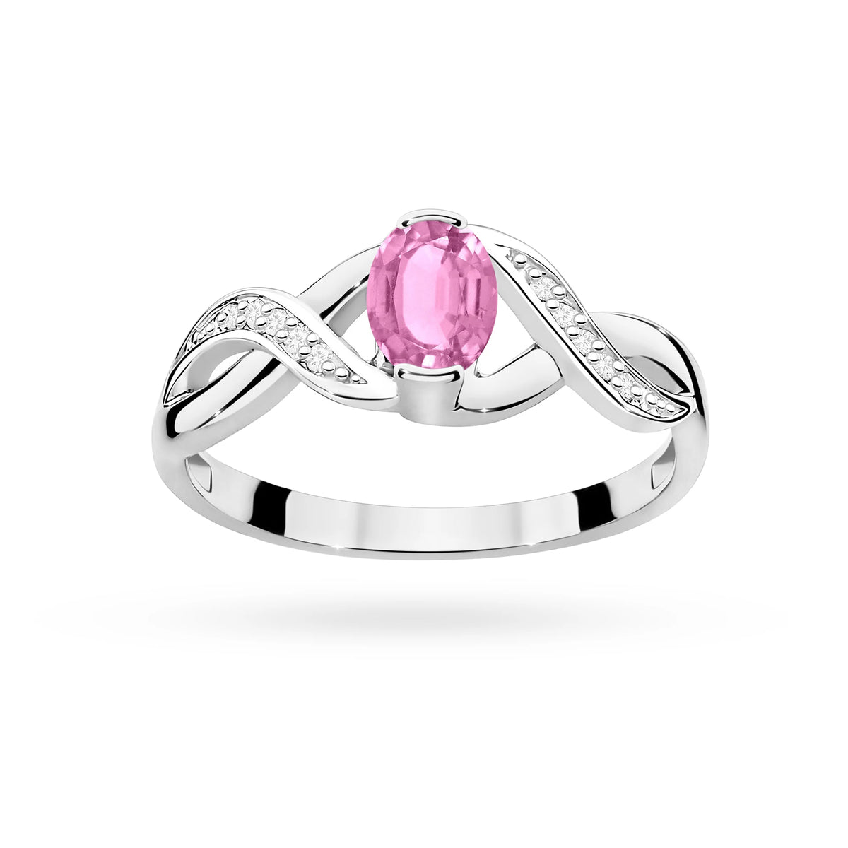 Prsteň nekonečna z bieleho 14k zlata s oválnym ružovým zafírom 0,45 ct a diamantmi 0,05 ct