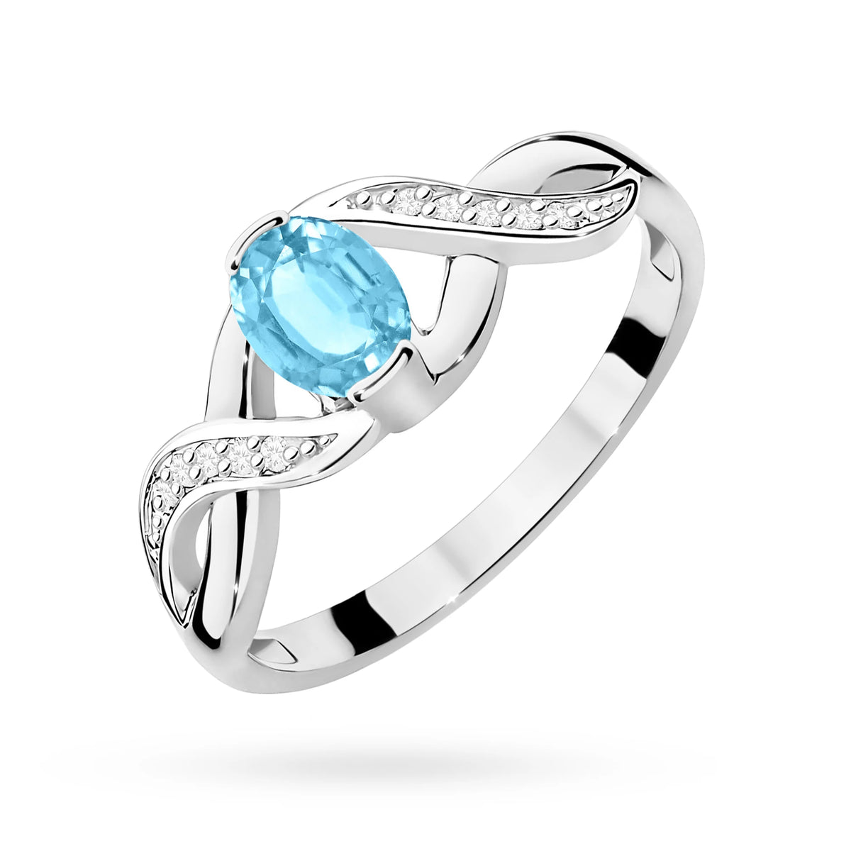 Prsteň nekonečna z bieleho 14k zlata s oválnym topásom Swiss Blue 0,50 ct a diamantmi 0,05 ct