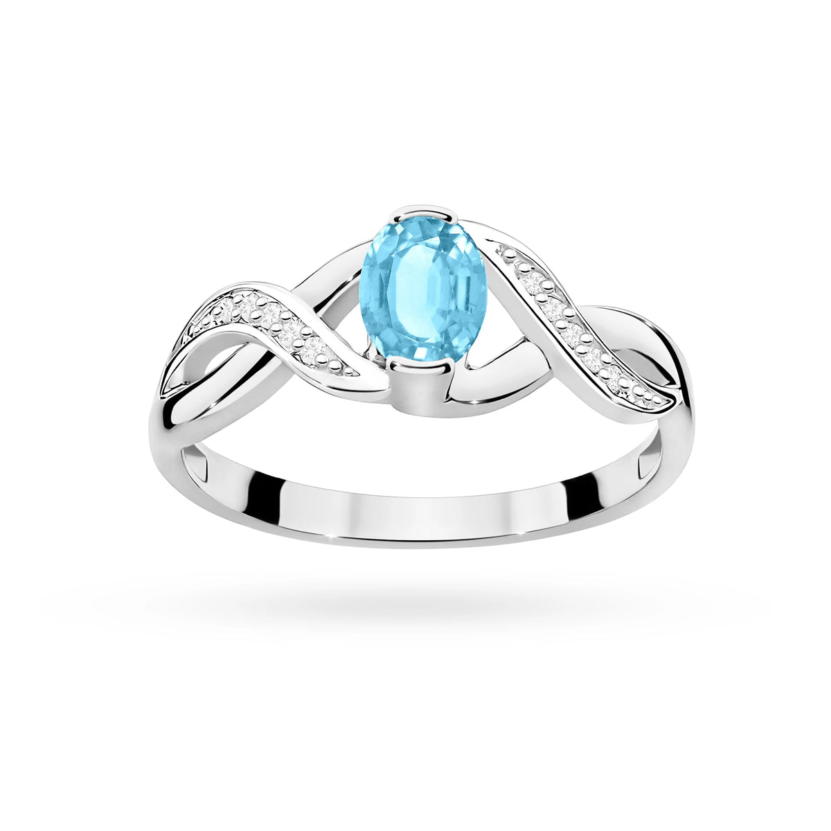 Prsteň nekonečna z bieleho 14k zlata s oválnym topásom Swiss Blue 0,50 ct a diamantmi 0,05 ct