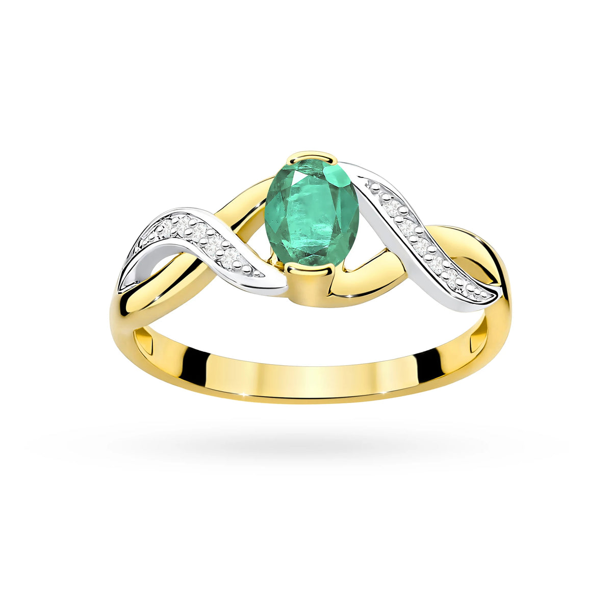 Prsteň nekonečna zo žltého 14k zlata s oválnym smaragdom 0,40 ct a diamantmi 0,05 ct