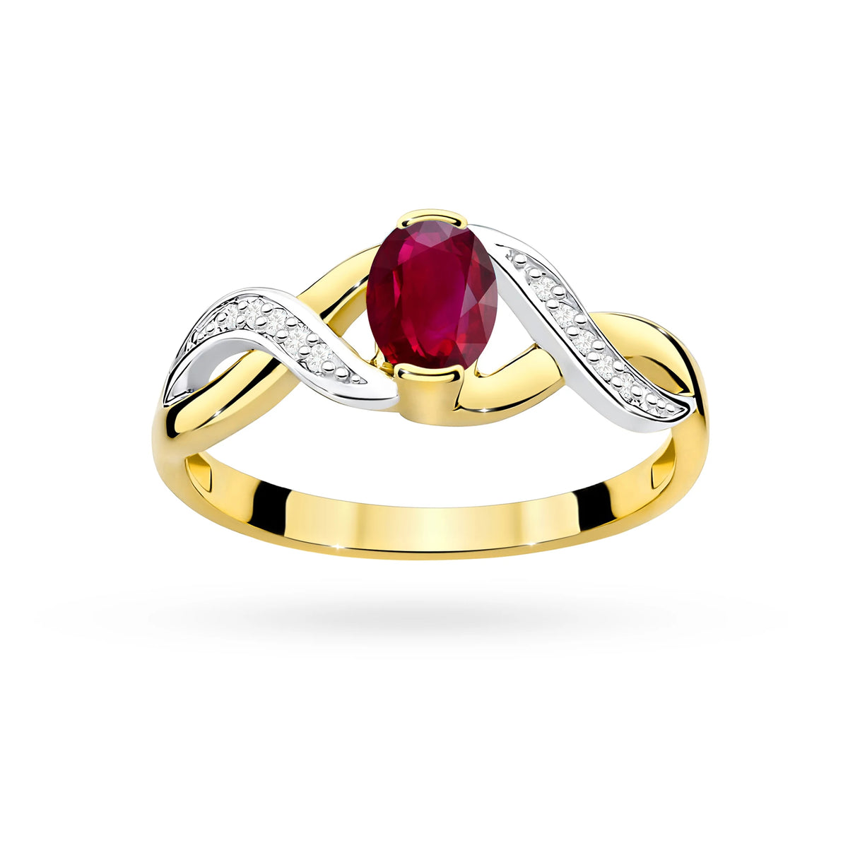 Prsteň nekonečna zo žltého 14k zlata s oválnym rubínom 0,60 ct a diamantmi 0,05 ct