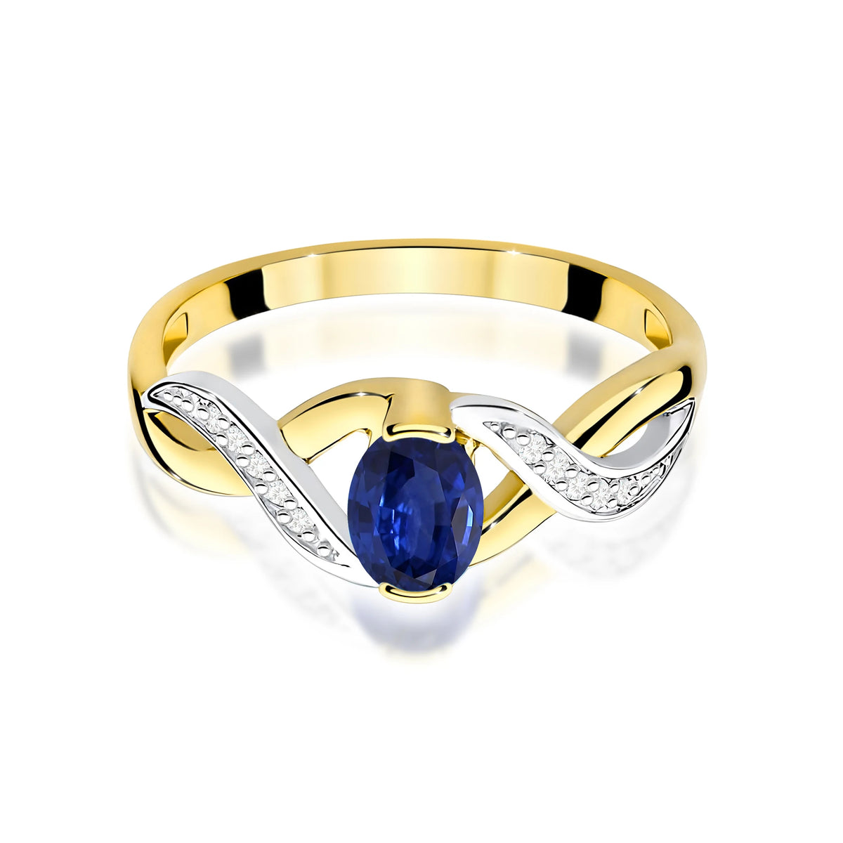 Prsteň nekonečna zo žltého 14k zlata s oválnym modrým zafírom 0,70 ct a diamantmi 0,05 ct