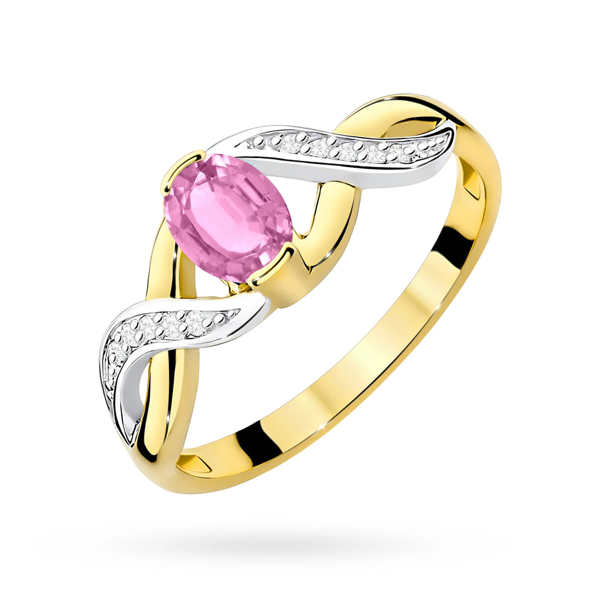 Nekonečný prsteň zo žltého 14k zlata s oválnym s hmotnosťou 0,45 ct ružovým zafírom a diamantmi s celkovou hmotnosťou 0,05 ct